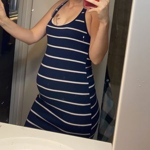 Navy blue and white striped maxi dress